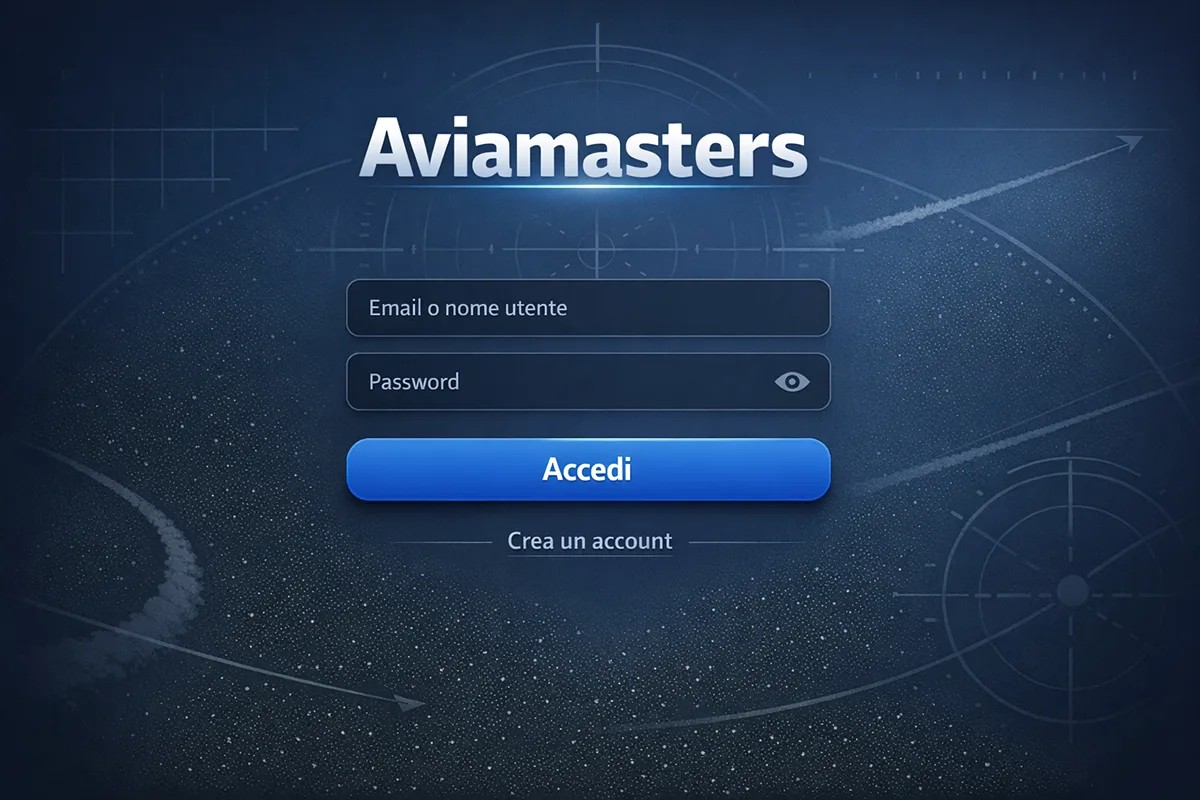 Aviamasters login screen with a blue-themed interface featuring fields for email or username and password, a prominent blue “Accedi” (Log In) button, and a link to create an account on a futuristic, aviation-inspired background.